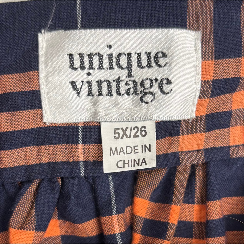 Unique Vintage Navy Orange Plaid Cotton Swing Skirt Pockets 5X 2154 - Picture 6 of 7